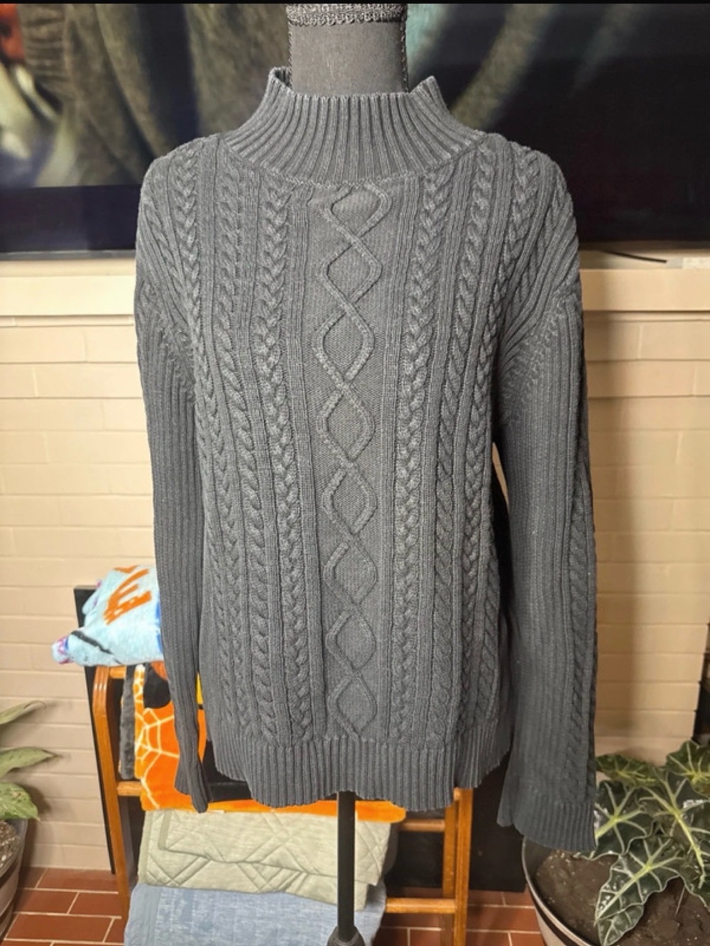 Chaps Women's Gray Cable Turtleneck Sweater